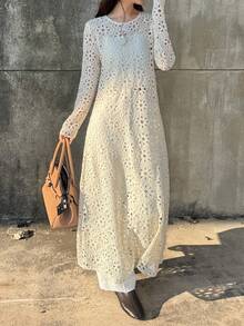 FRIFUL Women's Solid Beige Sheer Lace Fabric Layered Flared Loose Casual Dress,Wedding Guest Dress Women - Beige - View 3