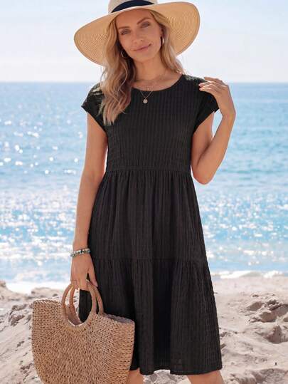 Sylviya 女式春夏纯色荷叶边下摆圆领短袖连衣裙