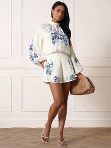 Lilora Bộ 2 món nữ thanh lịch in hoa, cổ cài cúc phía trước, tay dài và quần short. - Nhiều màu - Xem 7