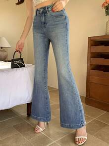 DAZY 女士中腰修身时尚夏季休闲百搭喇叭牛仔裤 - 藍色 - 查看 3