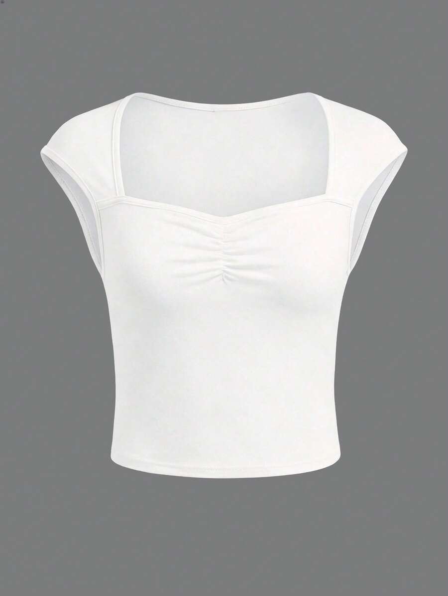 SHEIN Kids Tween Girl White Summer Basic School Knit Solid Ruched Bust Sweet Casual Shrug T-Shirt,Suitable For Back-To-School,Cute,Holiday Family Outdoor - White - View 1