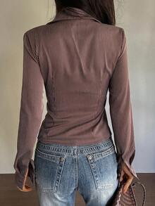 DAZY Women's Striped Long Sleeve Single-Breasted Casual/Work Shirt - Brown - View 5