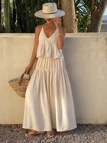 Livesso Bộ đồ nữ thanh lịch gồm áo hai dây cổ chữ V màu trắng và chân váy xòe dáng rộng, thích hợp cho kỳ nghỉ hè và các bữa tiệc. - Màu be - Xem 3