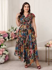 Reflora 大码女士优雅印花连衣裙，夏季婚礼宾客礼服 - 彩色 - 查看 9