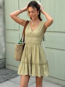 Serisse 夏季女士褶皱无袖休闲迷你连衣裙 - 綠色 - 查看 7