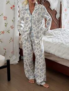 CottageSlumber 泡泡褶皱花卉印花开衫领女士睡衣套装 - 淺藍色 - 查看 3