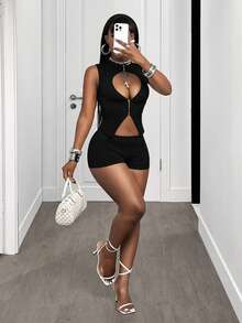 BamGleam 女士纯色镂空性感无袖上衣和短裤两件套 - 黑色 - 查看 3