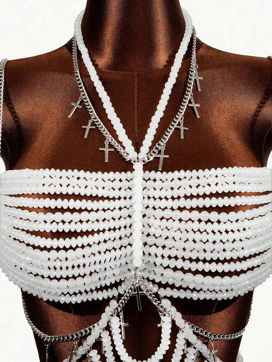 Sirith Conjunto de bikini con parte delantera anudada y espalda descubierta con cuentas de cristal para vacaciones de verano en la playa para mujer - Blanco - Ver 1