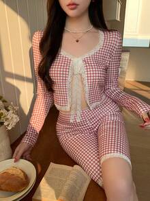 DAZY 两件套女士休闲格子撞色系带上衣和修身裤套装 - 紅色 - 查看 11