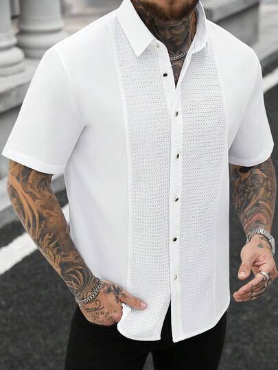 Manfinity CasualCool Men's Casual Commuter Short Sleeve Button-Up Shirt,Men Old Money,Daily Leisure, Weekend Trips, Outdoor Activities, Travel Expeditions, Relaxed Work Environments Or Semi-Formal Occasions, Boyfriend/Husband Gift, Anniversary /Birthday Gift Party Summer Vacation Holiday,Wedding,Spring To Summer,Mardi Gras,Men's White Short Sleeve Mesh Panel Button Up Polo Shirt Casual Summer Breathable Top,Men Mesh Shirt,Men S Short Sleeve Dress Shirts,White Laced Mens Shirt,Mens Crochet Shirts,Fishnet Shirt Men