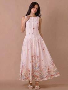 Enchnt Đầm không tay in hoa thanh lịch, thích hợp cho mùa hè. - Hồng - Xem 4