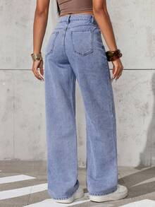 Jeanoix 女式休闲直筒宽松牛仔裤 - 中等水洗藍 - 查看 2
