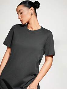 SHEIN BASICS Casual Solid Color Short Sleeve Dress, Summer Basic Tees Women, T Shirt Dress Summer Dresses - Dark Grey - View 5