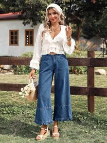 Breezaya Quần jeans ống rộng xếp ly dáng casual thời trang nữ - Rửa tối - Xem 6