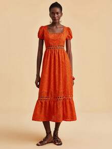 Travachic 镂空刺绣浪漫度假休闲连衣裙，波西米亚风，西式，夏季连衣裙，夏季服装，女士夏季连衣裙，女士优雅连衣裙，女士度假服装，节日连衣裙，女士复活节连衣裙，婚礼及活动 - 橘色 - 查看 5