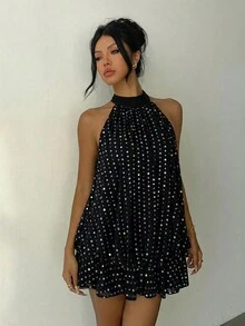 Aloruh 女士优雅浅黄色吊带系带迷你连衣裙 - 黑色 - 查看 7