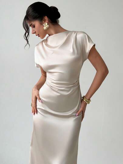 Firerie Women's Elegant Minimalist Dignified Fashion Commute Daily Versatile Vacation Date Pleated Cap Sleeve Solid Color Fitted Apricot Dress ,Summer Dress,Spring Dresses For Women