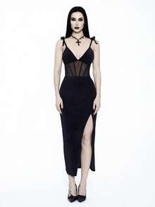 Glisette Elegantes schwarzes ärmelloses Luxus-Samtkleid, Abendkleid mit Mesh-Spaghettiträgern, Schlitzsaum und tiefem V-Ausschnitt, Gothic-Clubkleid für Damen im Herbst, für zierliche Frauen - Schwarz - Übersicht 5
