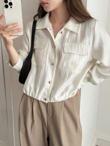 DAZY Women's Casual Spring Collared White Shirt With Large Pockets Summer - White - View 6