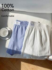 Comfortcana 2pcs Set Solid Color Linen Striped Drawstring Casual Vacation Plus Size Shorts Summer Shorts - Multicolor - View 8