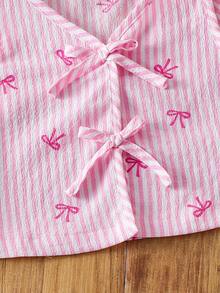 SHEIN LMoss Kids 2pcs Young Girl's Pink Elegant Woven Striped Bow Tie Vest And Shorts Set,Summer,Matching,Family Vacation,Stylish Casual Kids Outfits For Holidays - Multicolor - View 3