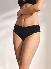 Ocili 5条/包 时尚秋季休闲基础款纯色柔软棉质蕾丝边低腰女士三角裤 - 黑色 - 查看 5