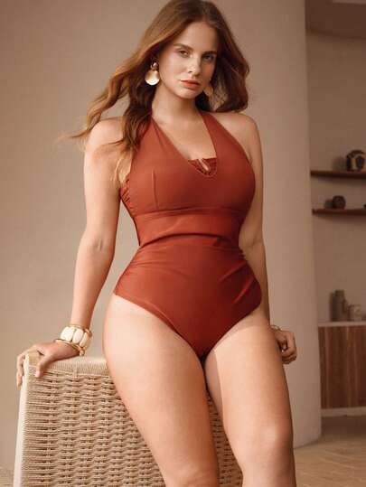 Swim Chiccia New Summer Beach Vacation Brown Elegant Plus Size One-Piece Swimsuit, Slimming And Graceful Holiday Ladies Swimwear