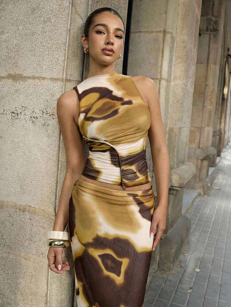 SHEIN Maija New Asymmetrical Floral Ink Wash Print Sleeveless Ruched Waist Women Tank Top, Spring/Summer St Patrick's Day Easter Women Party Top Beach Summer Holiday Beach Vacation Summer Going Out Graduation