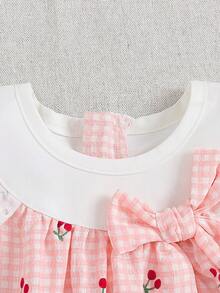 Souflis Souflis 1件女婴圆领荷叶袖白色粉色格子水果樱桃印花蝴蝶结装饰无袖A字连衣裙，休闲夏季日常穿着、旅行、派对、生日装 - 粉色 - 查看 4