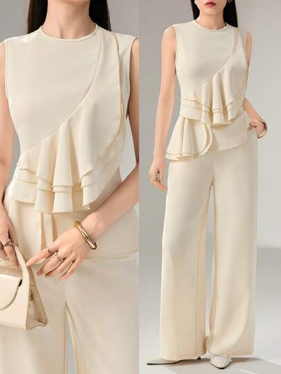 Modelyn Elegant 2-delat set för kvinnor, enfärgad, rund halsringning, volangkant, ärmlös blus och vida byxor