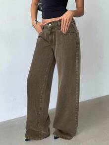 Aloruh Women's Pocket Button Casual Versatile Daily Wear Wide Leg Jeans - Coffee Brown - View 4