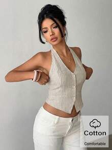 Aloruh 女士优雅纯棉无袖背心，性感深V领露背系带薄款西装外套，复古条纹单排扣装饰背心 - 杏色 - 查看 10