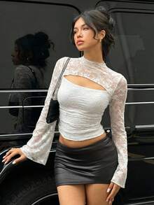 Aloruh Women's New Arrival Long Sleeve Top, Long Sleeve T-Shirt With Lace Patchwork, Valentine's Day With Heart Pattern, Y2K Style - White - View 4