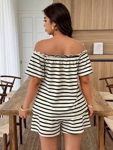 SHEIN LUNE Plus Size Women's Strapless Frill Trim Striped Shorts Set, Spring/Summer - Multicolor - View 2