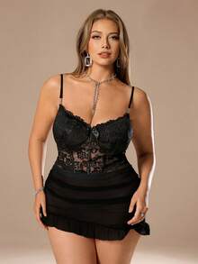 Auralis 1 Set Plus Size Women Lace Robe With 3D Floral Decor + Plus Size Lace Camisole Slip Dress With Waist Cinching Design For Valentine's Day Spring/Summer Black Sexy Sleepwear Outfit Set Women Spring Sexy Black Set For Elegant Women - Black - View 4