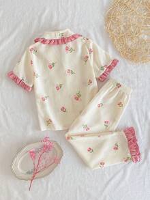 2件套 女童碎花短袖上衣和裤子 舒适睡衣 - 粉色 - 查看 4