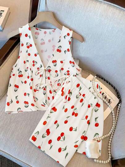 GlowEve CURVE Plus Size 2pcs Set Women Cherry Print Sleeveless Top And Shorts Set With Bow Tie, Spring/Summer