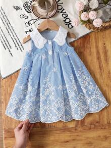 SHEIN 女婴/幼儿无袖简约蓝白连衣裙 - 藍色 - 查看 5