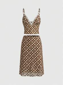 Rina Fox 女士格子蕾丝吊带背心和系带半身裙套装，复古乡村风格 - 彩色 - 查看 2