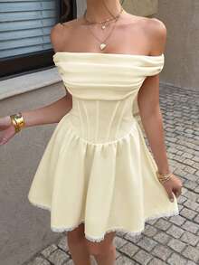 Lucivie 女士优雅杏色高领露肩束腰荷叶边泡泡袖休闲度假迷你连衣裙 - 淡黃色 - 查看 9