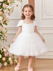 Glamorique Kids 花童、生日派对、连衣裙、26款春夏时尚、舞会礼服、白色蕾丝、缎面质感、白色网纱蓬蓬裙、可拆卸蝴蝶结设计，适合正式场合、钢琴演奏、派对或特殊舞台表演、白色婚礼幼儿礼服、白色公主裙、白色女婴连衣裙、女婴派对礼服、女婴白色连衣裙、幼儿女童白色连衣裙 - 白色 - 查看 5