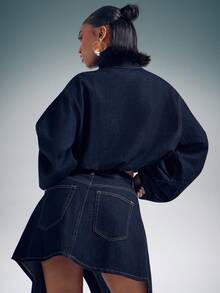 Denimoi Chaqueta de mezclilla con cuello alto, cremallera frontal, mangas de barril, cintura ceñida - Azul lavado oscuro - Ver 5