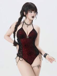 ROMWE Goth 女士网纱金属蜘蛛装饰挂脖系带露背休闲度假沙滩连体泳衣 - 黑色 - 查看 4