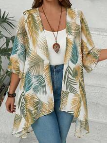 EMERY ROSE Plus Size All-Over Print Asymmetric Hem Casual Jacket - Yellow - View 1