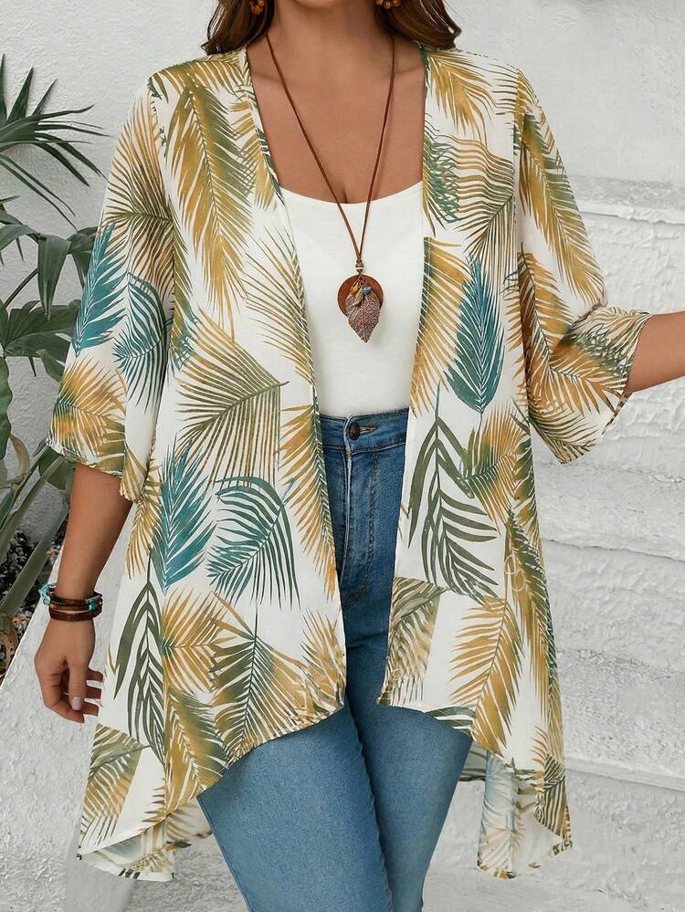 Plus Size All-Over Print Asymmetric Hem Casual Jacket