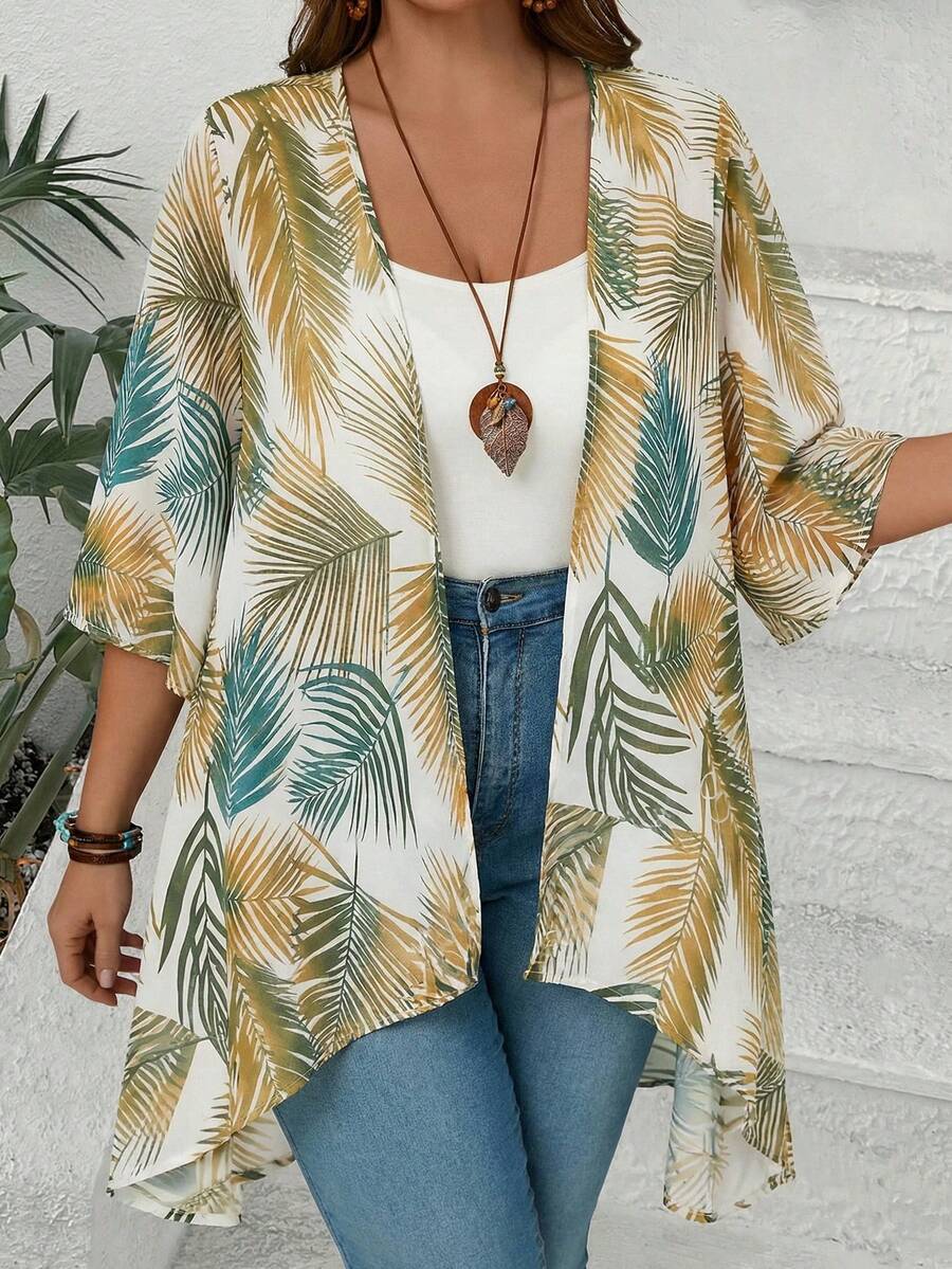 EMERY ROSE Plus Size All-Over Print Asymmetric Hem Casual Jacket - Yellow - View 1