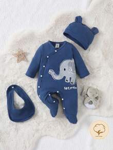 嬰兒男寶寶藍色大象印花長袖連腳爬服套裝,帶帽子和圍嘴,適用於家用服裝 - 藍色 - 查看 1