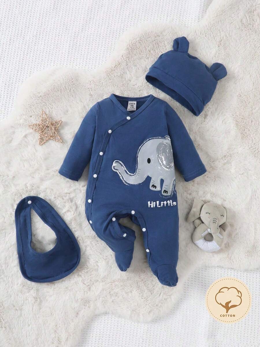 嬰兒男寶寶藍色大象印花長袖連腳爬服套裝,帶帽子和圍嘴,適用於家用服裝 - 藍色 - 查看 1