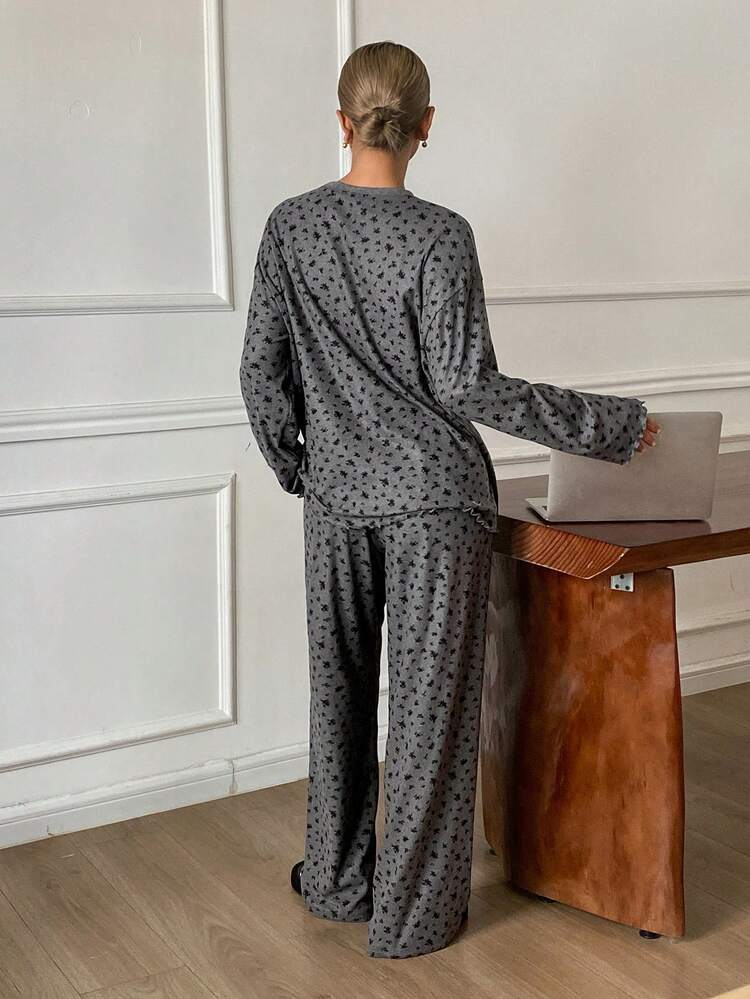 2pcs Women Ditsy Floral Loose Comfortable Long Sleeve Pajama Set, Autumn/Winter