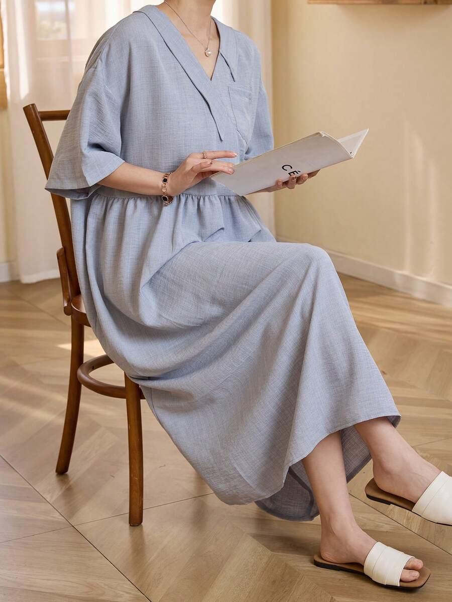 Livesso 女士不对称领口宽松中长连衣裙 - 藍色 - 查看 1